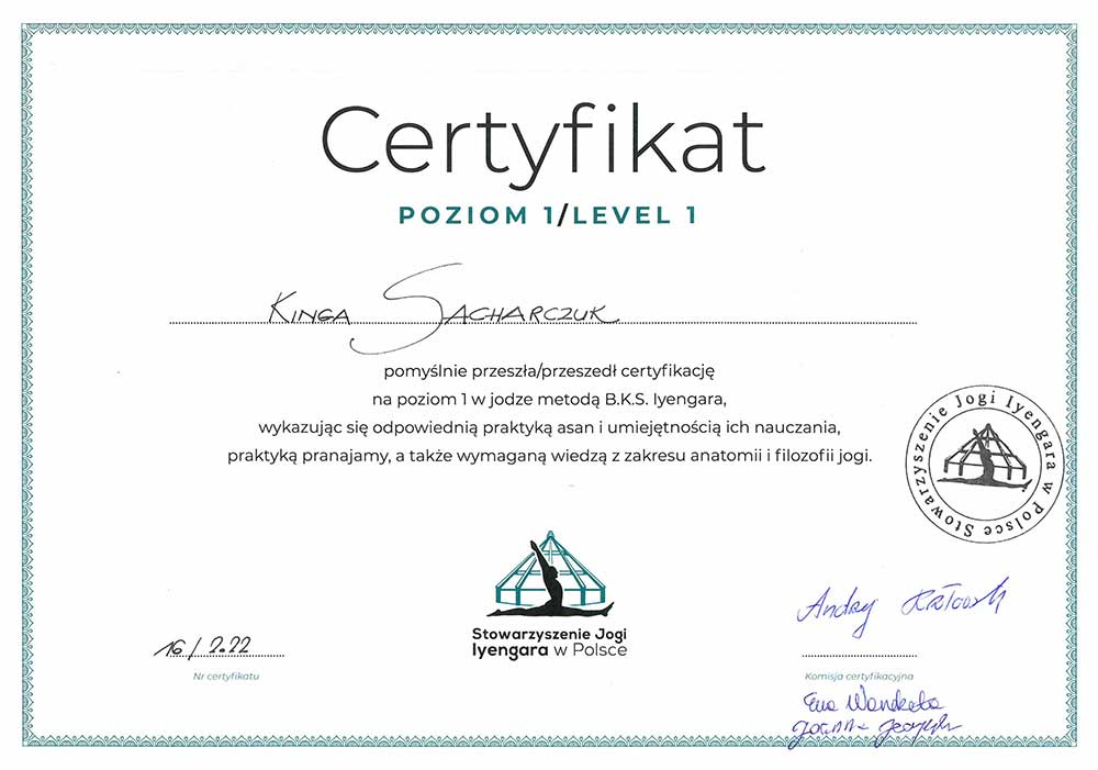 Przykład certyfikatu marki Iyengar