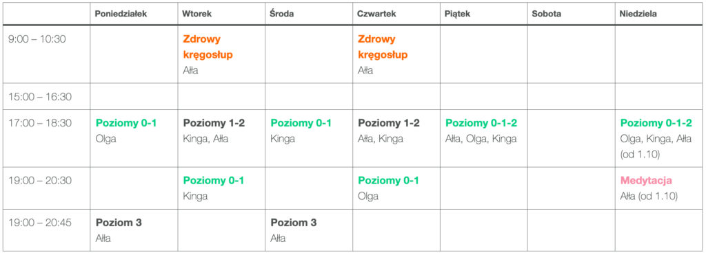 Plan zajęć w Szkole Jogi w Szczecinie