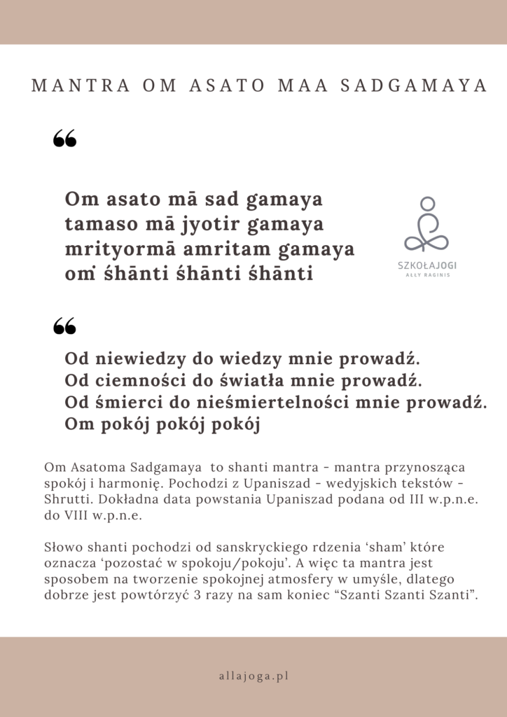 Tekst w sanskrycie oraz polskie tłumaczenie mantry "Om asato maa"